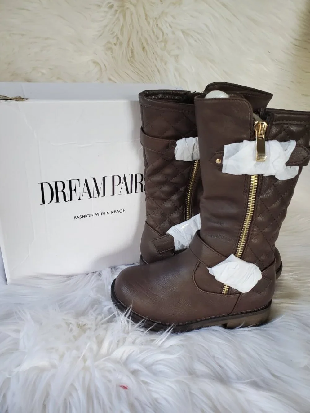 Dream Paris Brown Girl's Mid Calf Quilted Side Panel Buckle Straps Boots SZ 10